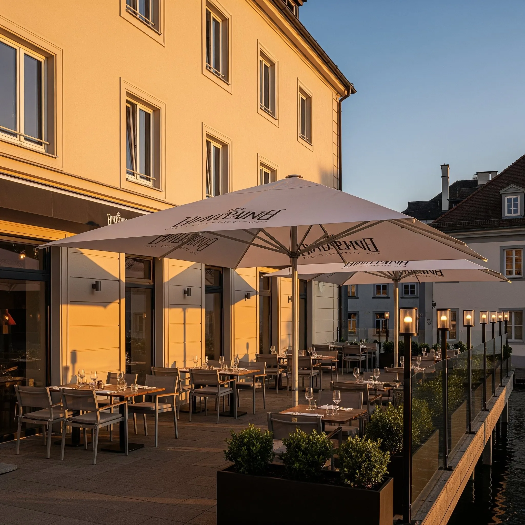 Elegant restaurant patio with custom branded umbrellas
